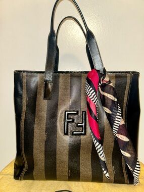Vintage Fendi Pequin striped tote bag.  Fendi Scarf and Dustbag included